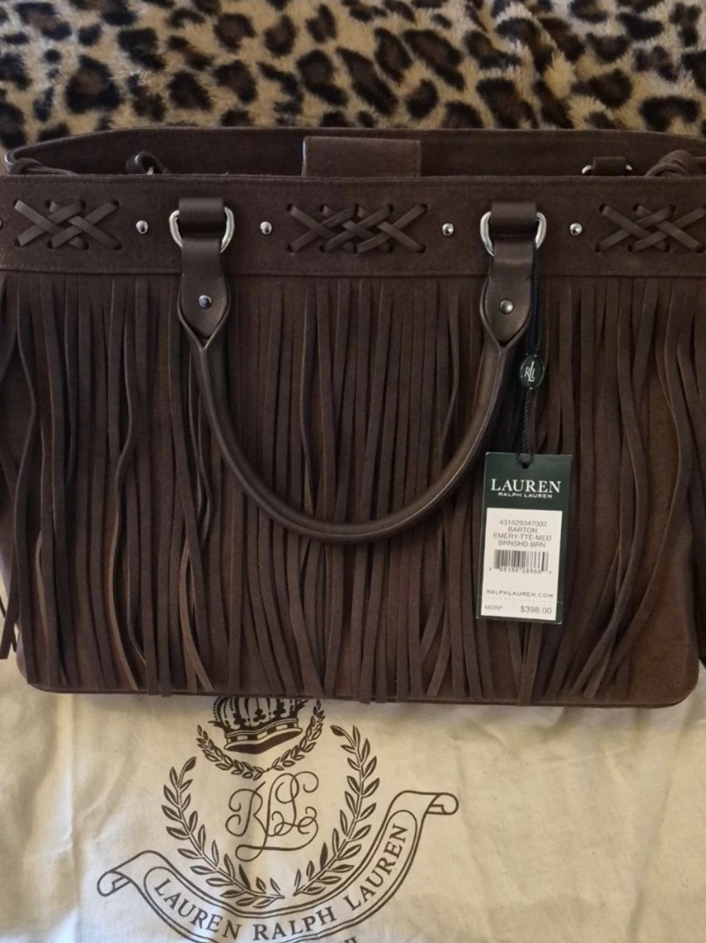 Lauren Ralph Lauren Chocolate Brown Suede Fringe Tote with Braided Trim - Picture 2 of 8